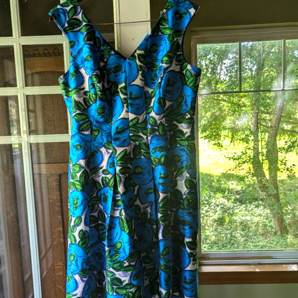Bright print cocktail dress - with POCKETS! beautiful blue and green pattern.